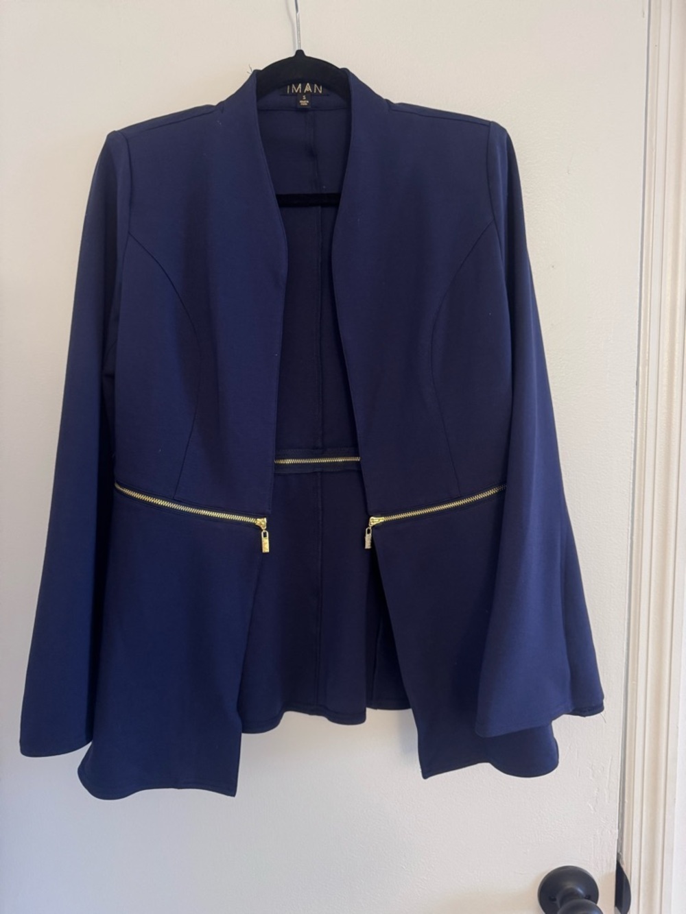 IMAN Navy Peplum Jacket w/ Gold Zipper Detail | Structured Blazer | Size S